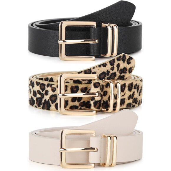 Pack 3 Women's Belts for Jeans Pants Gold Buckle Leather Belts Beige Leopard - Picture 3 of 5